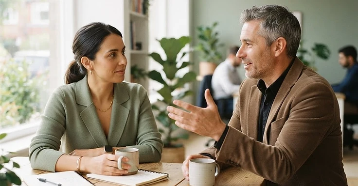 Two colleagues talking through a workplace situation in a bright office