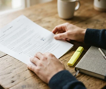 Hands reviewing a printed workplace policy document with a highlighter