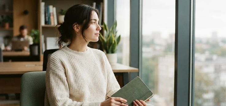 A person sitting quietly by a window, thinking through a workplace situation