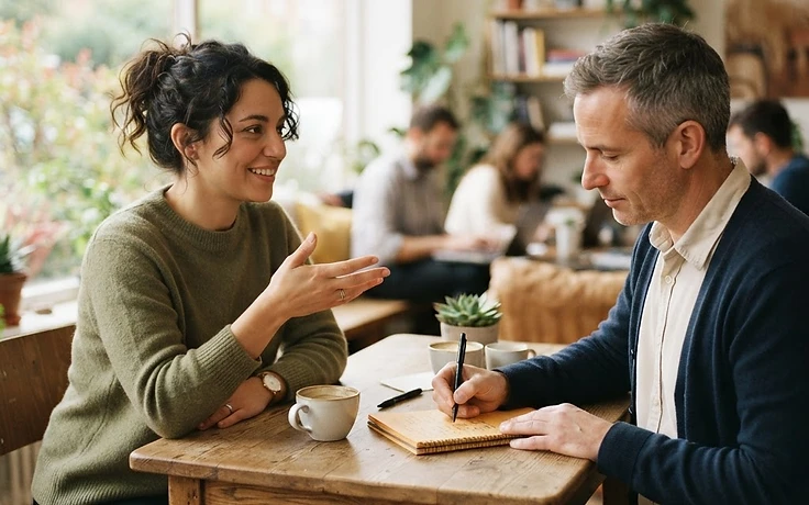 Two people having a thoughtful workplace conversation at a small table, one taking notes