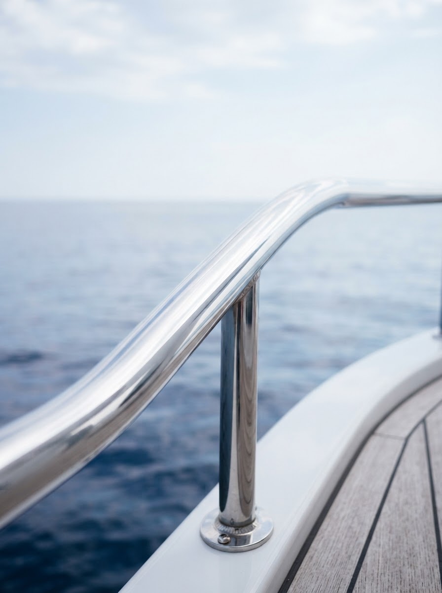 Polished yacht railing reflecting sea and sky