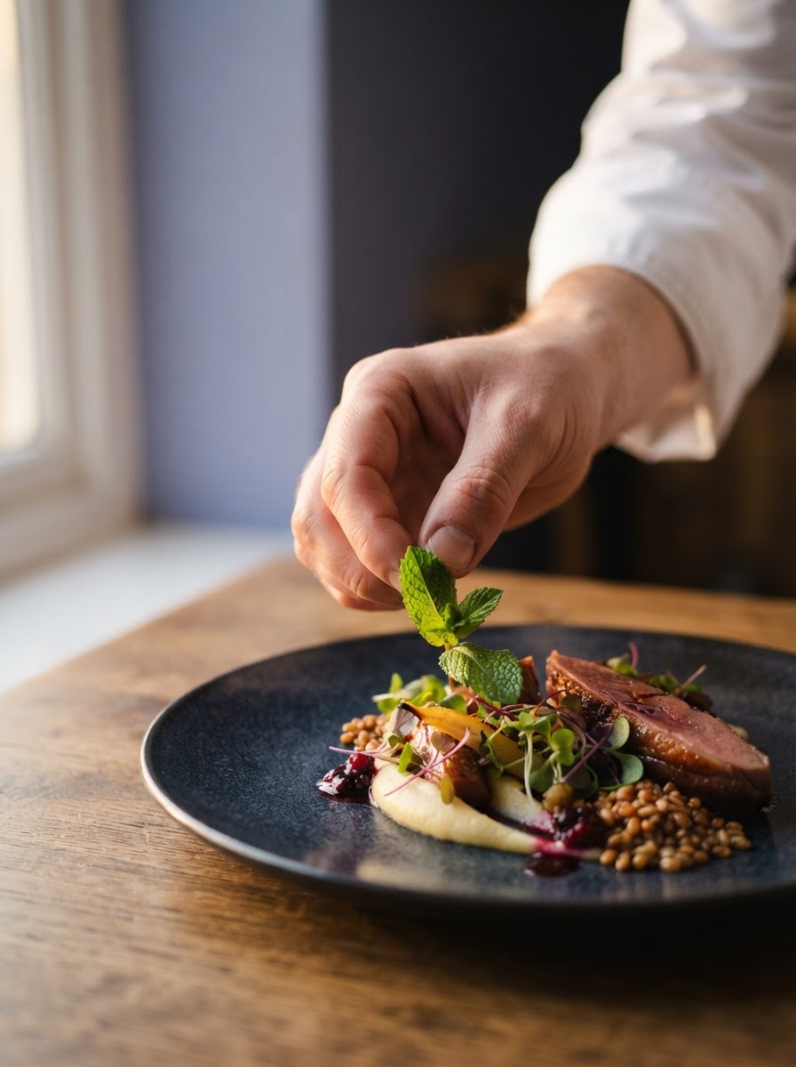 Close up of a chef plating a dish with a sprig of mint