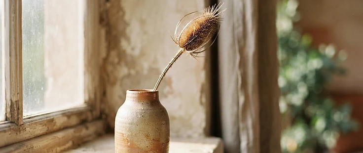 A single botanical stem in a ceramic vase in warm light