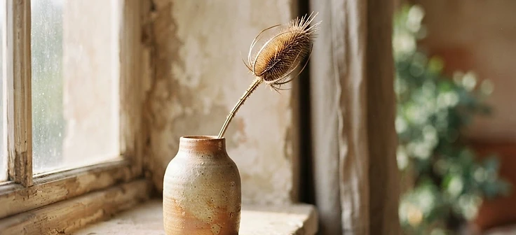 A single dried botanical stem in a handmade ceramic vase