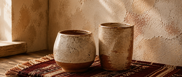 Two handmade ceramic vessels resting on a burgundy and cream woven textile