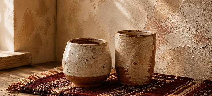 Two handmade ceramic vessels resting on a burgundy and cream woven textile