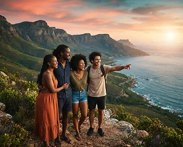 Diverse travelers taking in a breathtaking South African coastal overlook on a multi-country African journey
