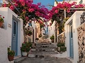Greek island narrow alley with pink bougainvillea