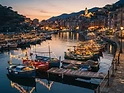 Evening harbor with colorful boats and festive lights