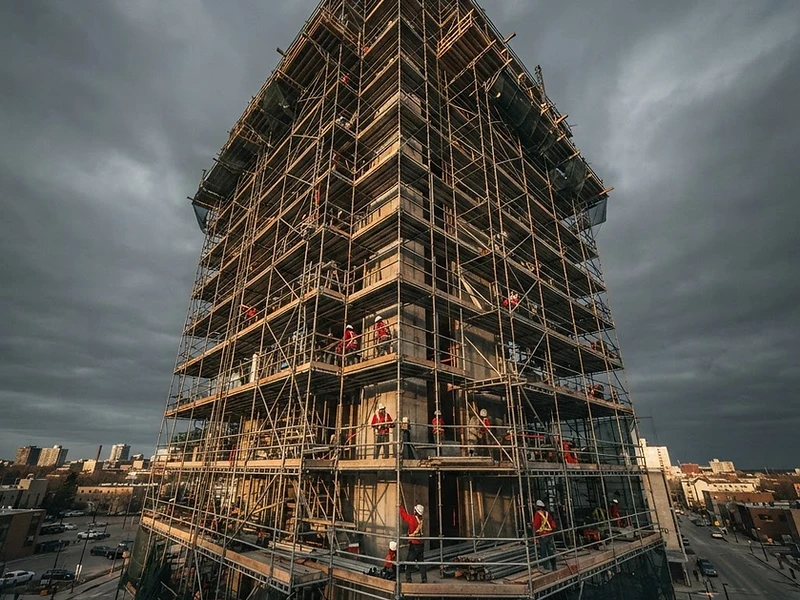 Panoramic city vista from the top of a high-rise scaffolding platform at golden hour