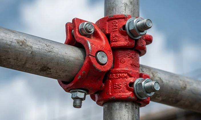Precision galvanized steel scaffold joint against open sky