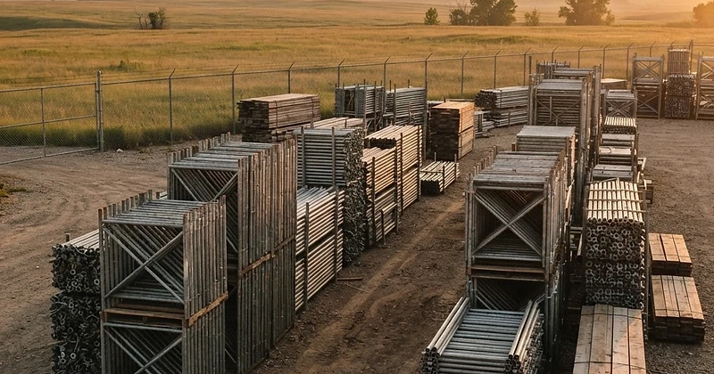 Hi-Rise scaffolding yard with stacked galvanized frames under an open prairie sky at golden hour