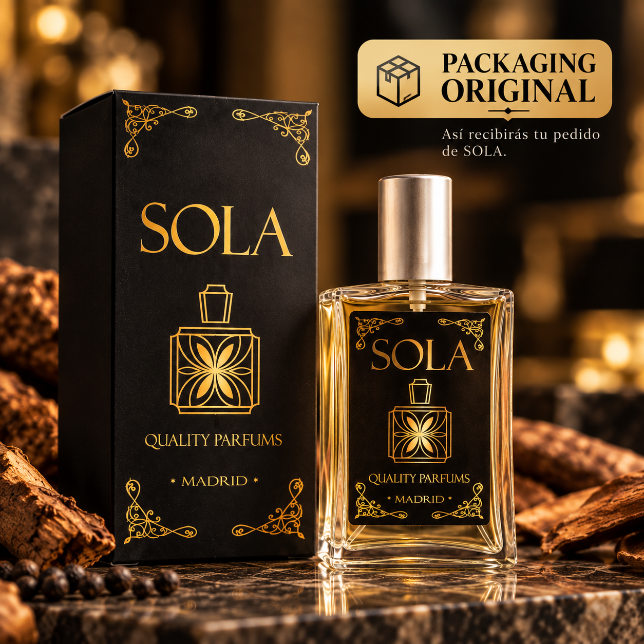 Packaging original SOLA: frasco y caja oficiales que recibirá el cliente