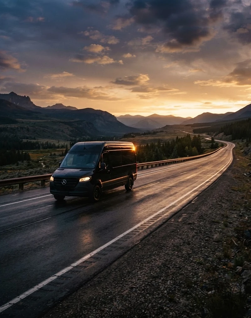 Sprinter van on a highway at golden hour