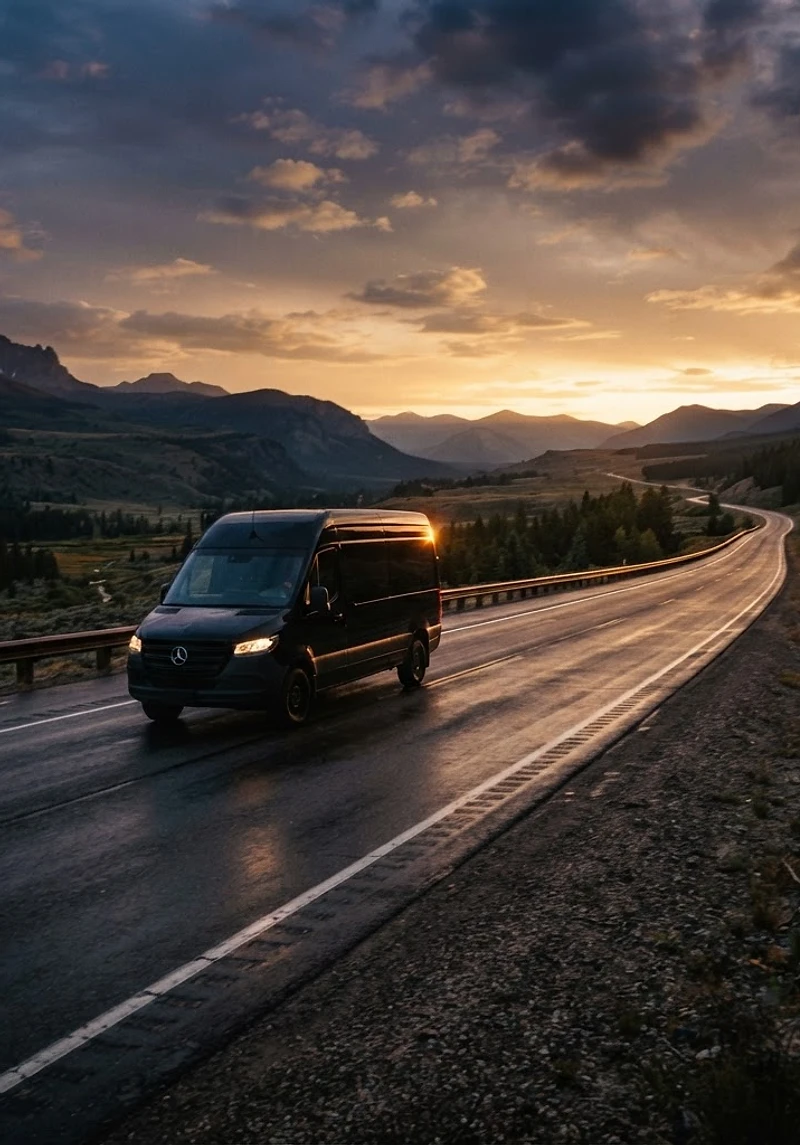 Sprinter van on a highway at golden hour