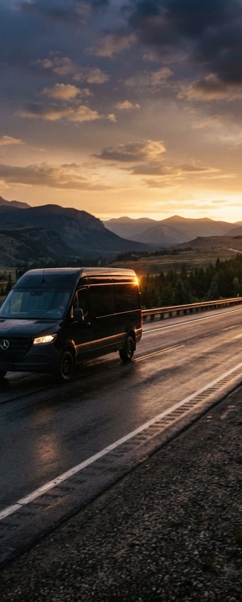 Sprinter van on a highway at golden hour