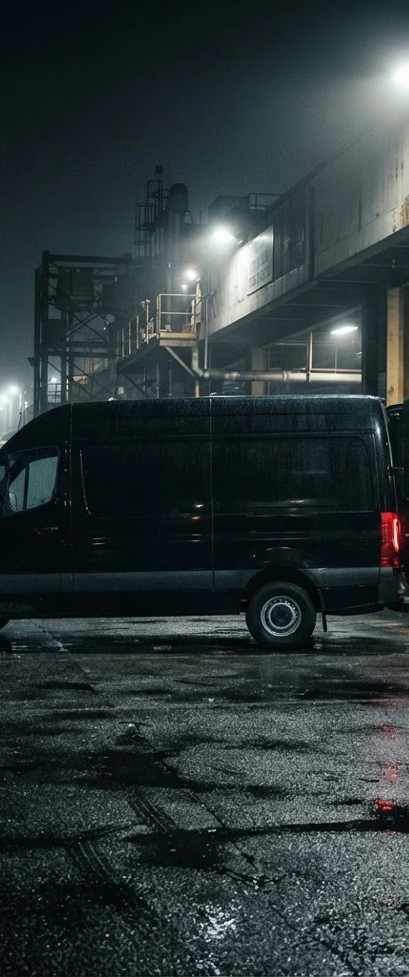 Sprinter van at a loading dock at night