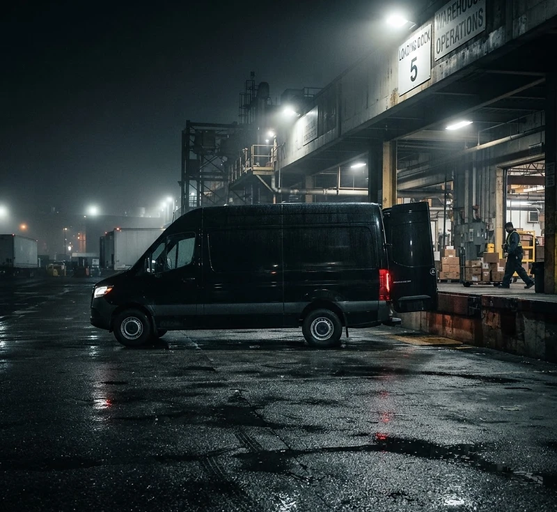 Sprinter van at a loading dock at night