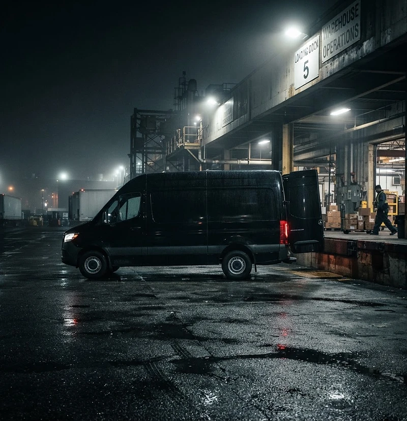 Sprinter van at a loading dock at night