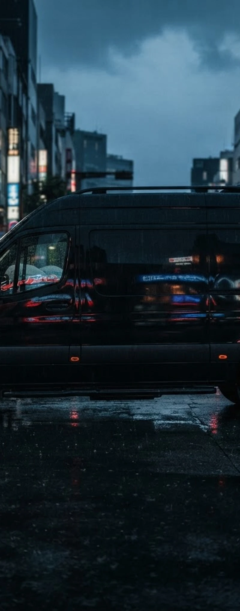 Sprinter van on a city street at dusk
