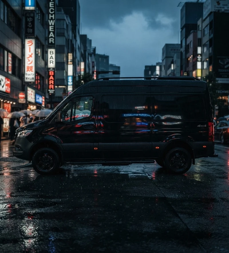 Sprinter van on a city street at dusk