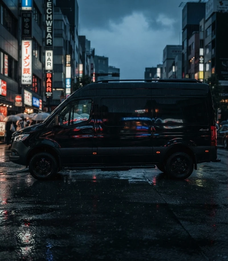 Sprinter van on a city street at dusk