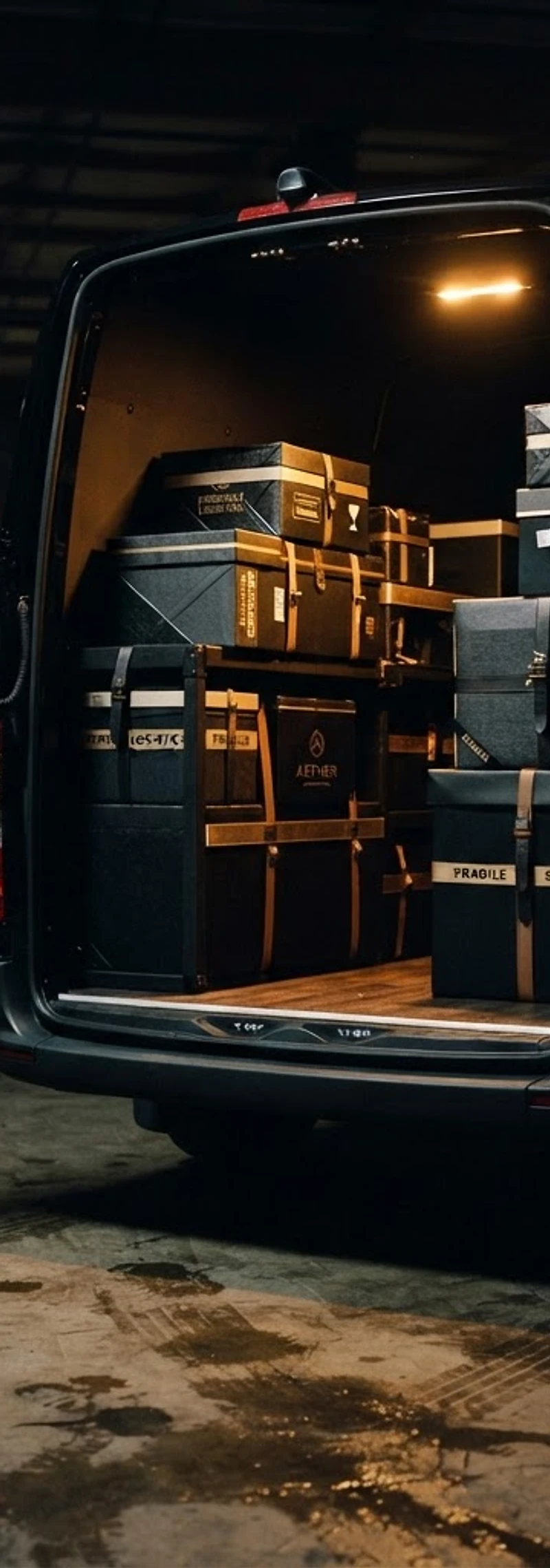 Sprinter van cargo doors open in a warehouse