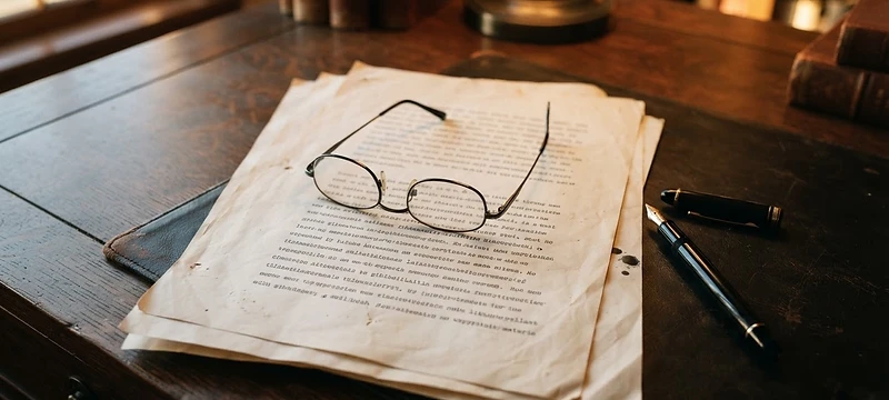 Typewritten manuscript pages and reading glasses on a writer's desk