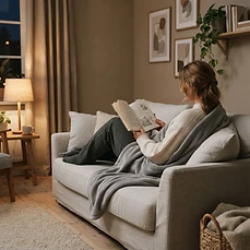 Iemand ontspannen op de bank onder de Warmyy deken met een boek