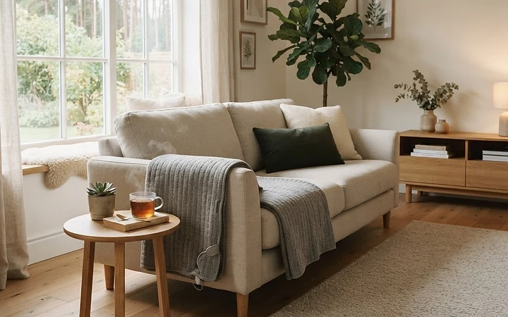 Warmyy deken op een lichte bank in een Scandinavisch interieur