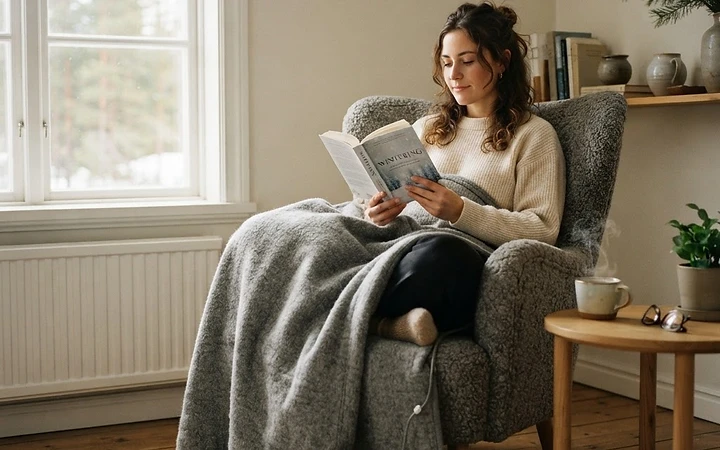 Iemand leest onder de Warmyy warmtedeken in een Scandinavische leunstoel