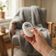 Een hand houdt de witte bedieningsunit met verlicht display vast