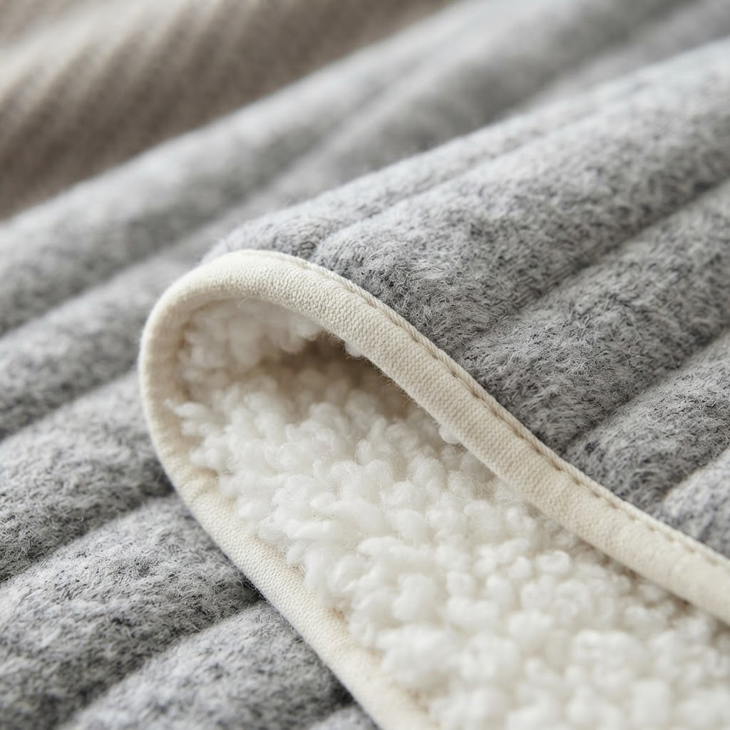 Macrodetail van de grijze fleece bovenkant en de witte sherpa binnenkant van de Warmyy deken