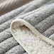 Macrodetail van de grijze fleece bovenkant en de witte sherpa binnenkant van de Warmyy deken
