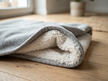 Detail van de grijze fleece bovenkant en de witte sherpa binnenkant van de Warmyy deken