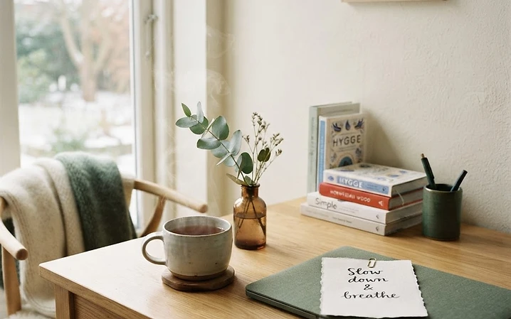 Een rustig Scandinavisch bureau met thee en een notitie