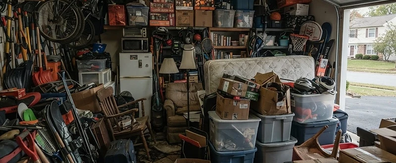 Cluttered residential garage packed floor to ceiling with items before a clearance