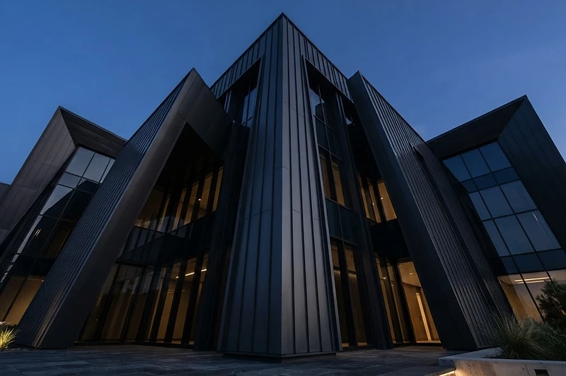 Modern architectural metal panel building at dusk