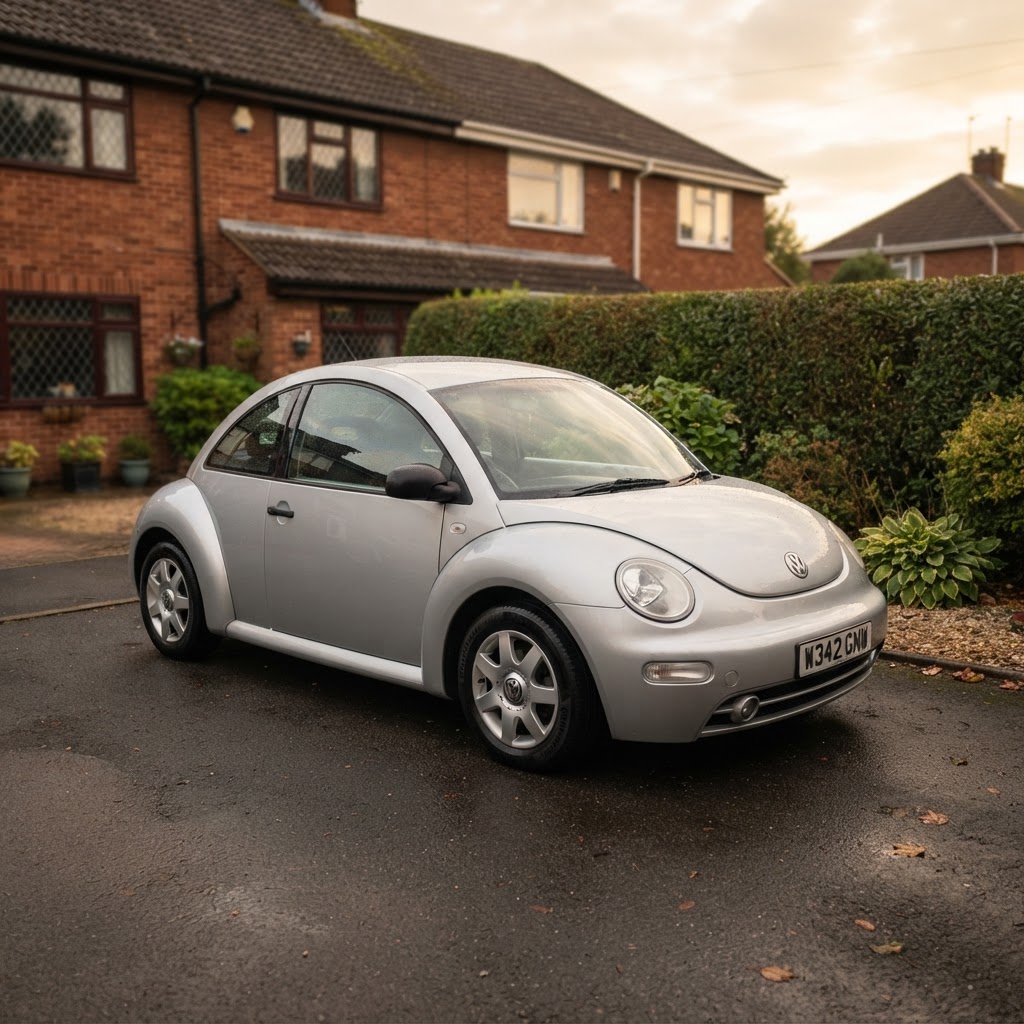 A silver VW New Beetle parked on a driveway, ready to inspect