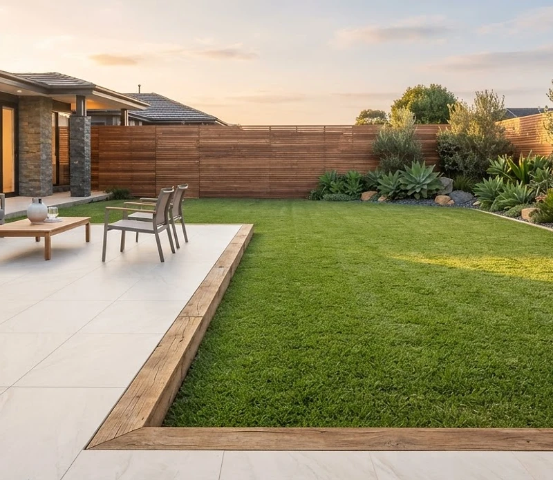 Premium porcelain patio meeting a manicured lawn at golden hour — Rubin Constructions Ltd