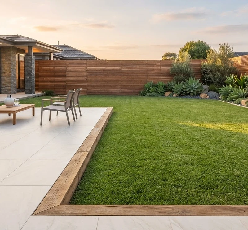 Premium porcelain patio meeting a manicured lawn at golden hour — Rubin Constructions Ltd