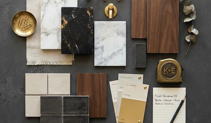 Top-down flat lay of architectural tools and material samples