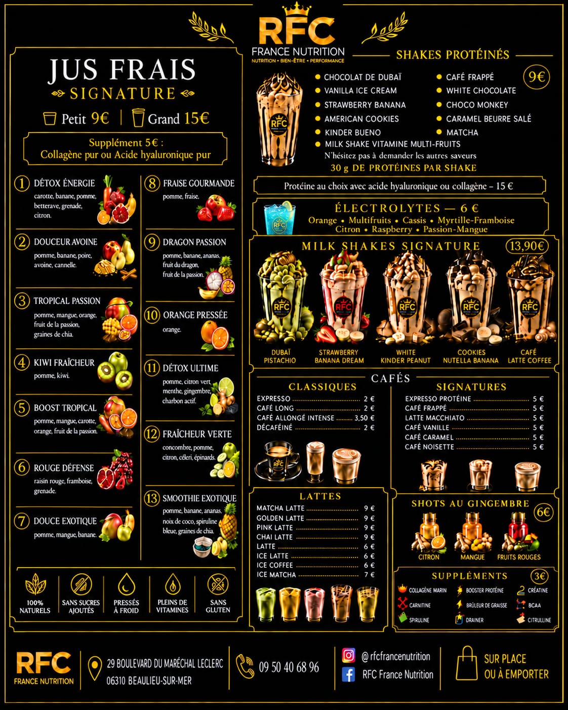 Carte complète du Shake Bar — jus frais signature, shakes protéinés, cafés et suppléments