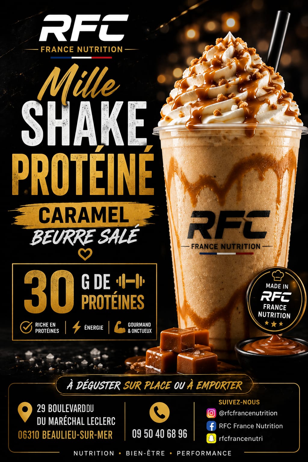 Mille shake protéiné caramel beurre salé — 30g de protéines, sur place ou à emporter