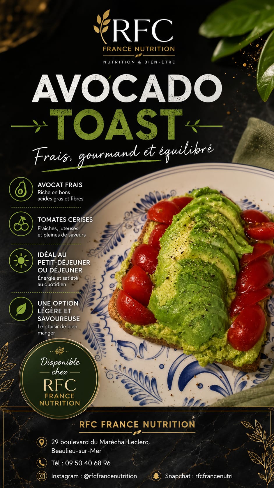 Avocado Toast frais, gourmand et équilibré — disponible chez RFC France Nutrition