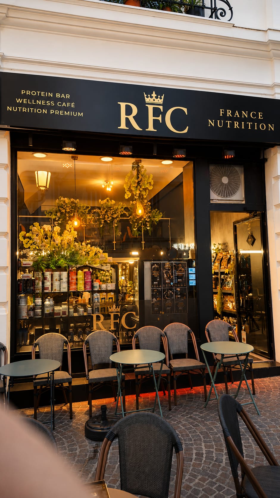 Façade Protein Bar & Wellness Café de la boutique RFC France Nutrition à Beaulieu-sur-Mer