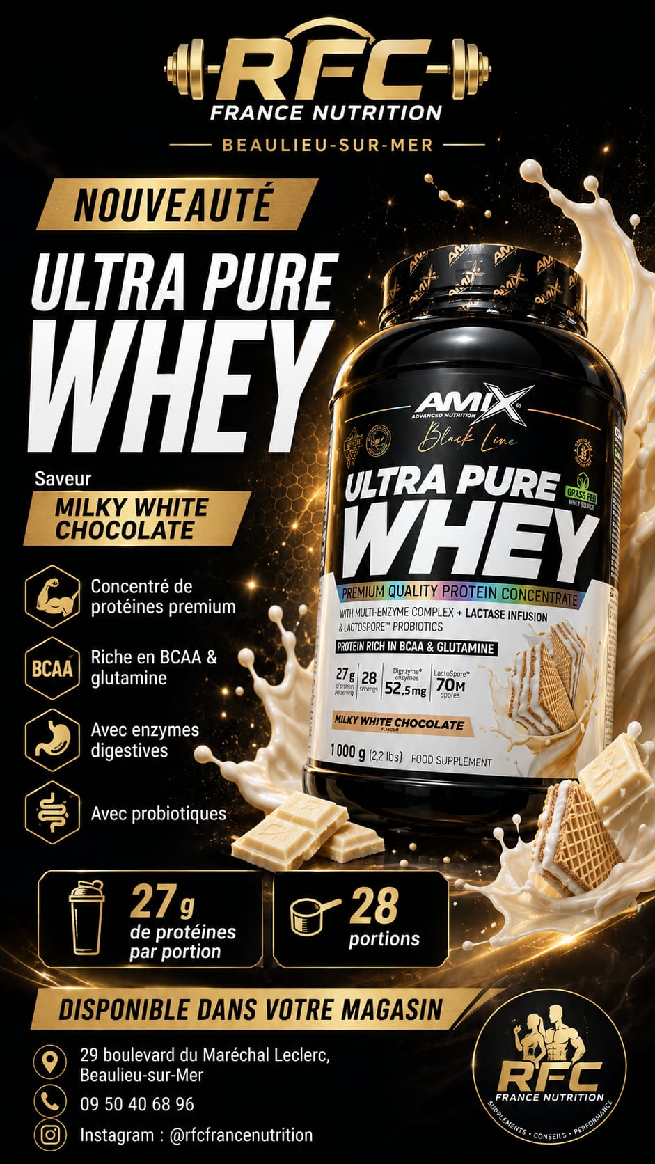 Amix Black Line Ultra Pure Whey — saveur Milky White Chocolate, nouveauté en magasin