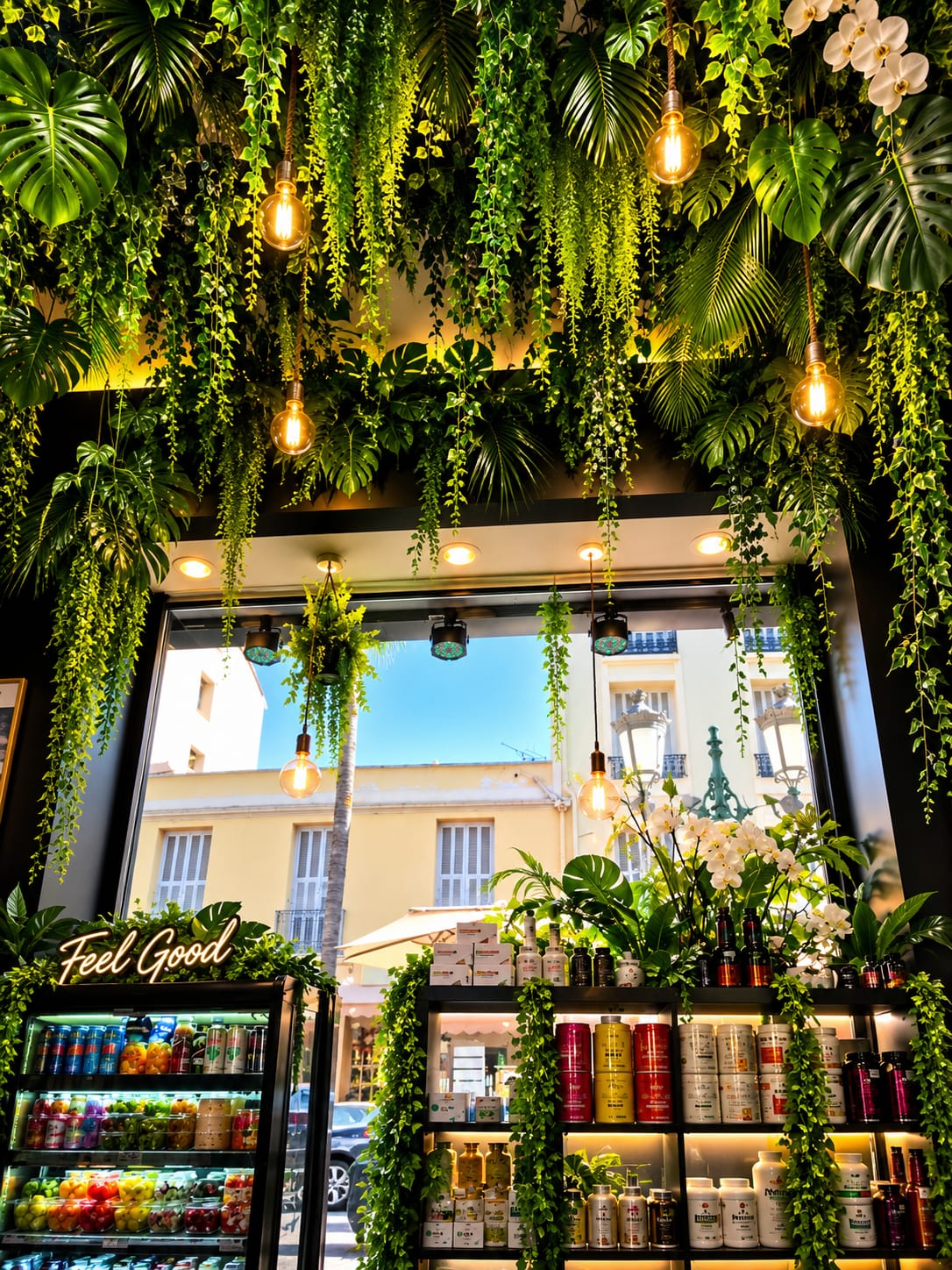 Intérieur végétalisé de la boutique RFC France Nutrition — ambiance wellness
