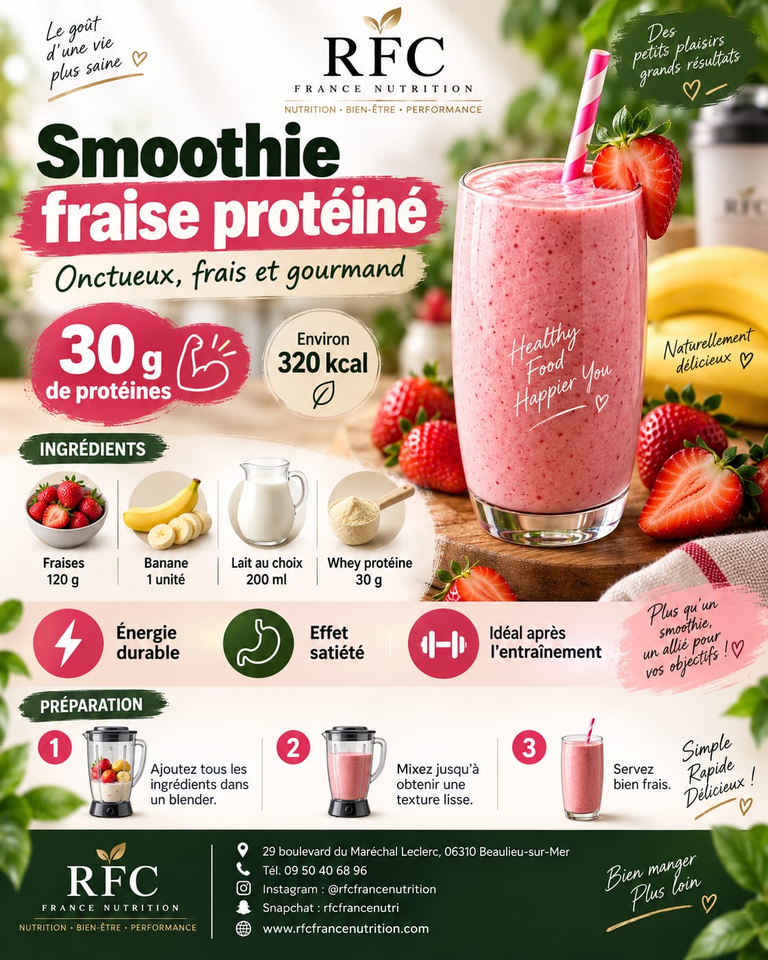 Smoothie fraise protéiné — 30g de protéines, environ 320 kcal, onctueux et gourmand en boutique RFC