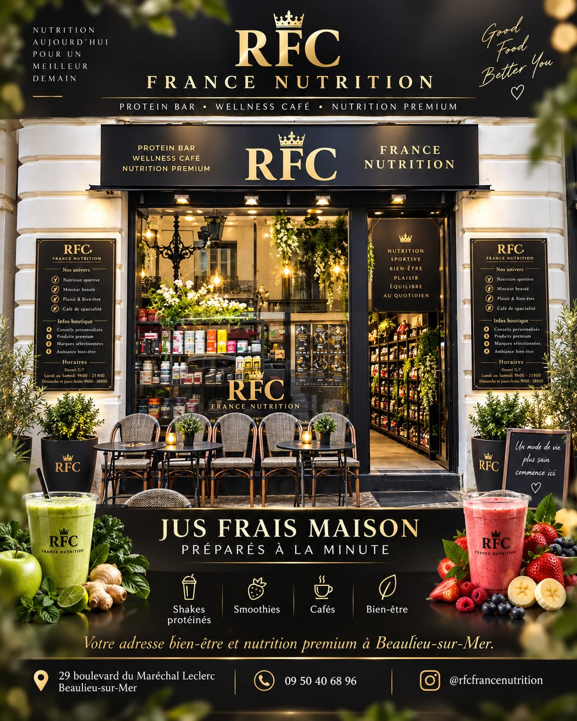 Devanture Protein Bar & Wellness Café RFC France Nutrition à Beaulieu-sur-Mer